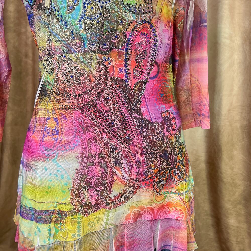 Vintage Y2K Boho Top Rhinestone Mesh Paisley Floral 3/4 Sleeve Ruffled Rainbow - Picture 2 of 10